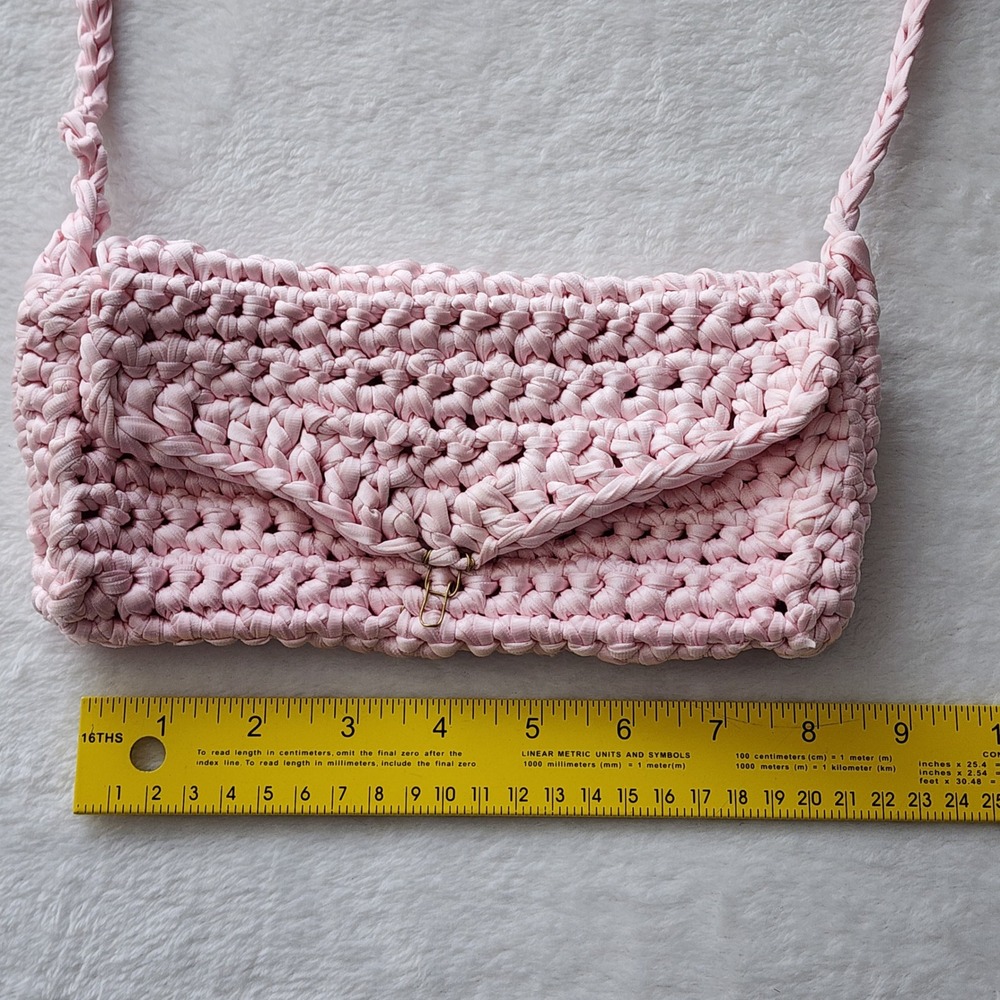 Crochet Shoulder Bag Pink Handcrafted Knit Envelope Crossbody Boho Coquette 80s - Picture 10 of 14
